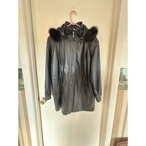 Field‎ Gear Womens Black Leather Parka Coat Fox Tail Removable Hood Large